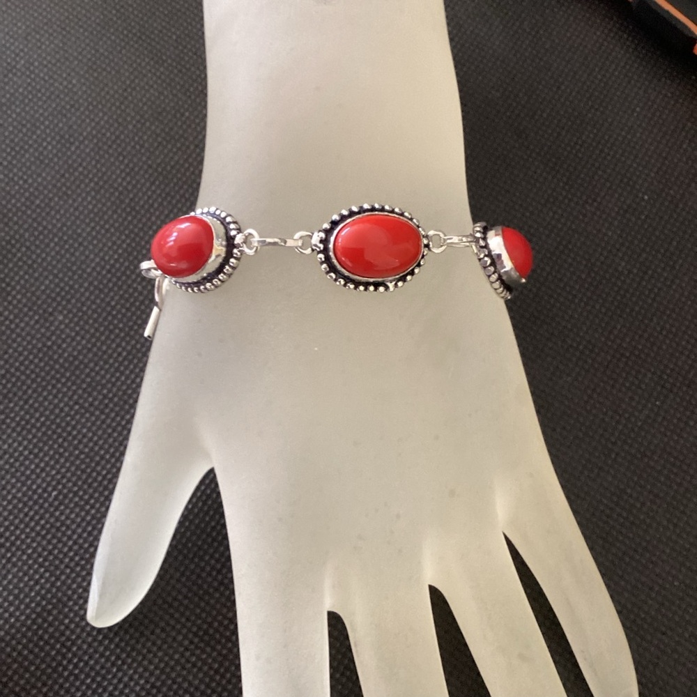 Sterling Silver 925 Coral Link Chain Bracelet - Picture 3 of 12